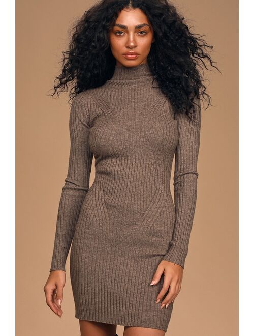 Lulus Snug As Can Be Heather Taupe Ribbed Mock Neck Sweater Dress