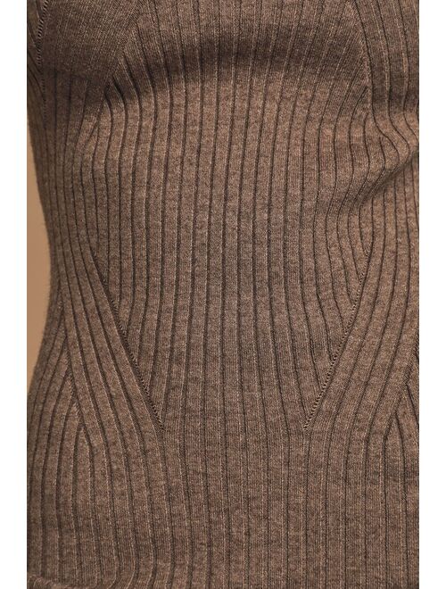 Lulus Snug As Can Be Heather Taupe Ribbed Mock Neck Sweater Dress