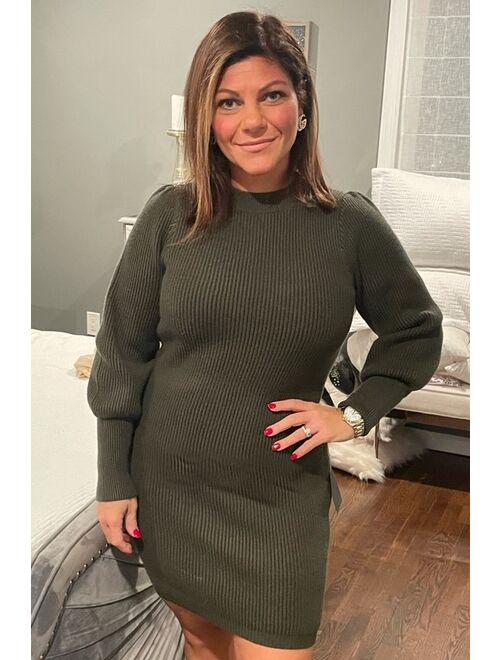 Lulus Loving You Fondly Green Ribbed Knit Balloon Sleeve Sweater Dress