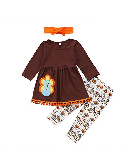Enhill 3Pcs Kids Toddler Baby Girls Turkey T-Shirt Top Dress+Pants+Headband Thanksgiving Outfit Clothes Set