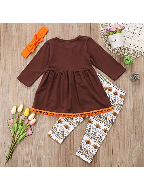 Enhill 3Pcs Kids Toddler Baby Girls Turkey T-Shirt Top Dress+Pants+Headband Thanksgiving Outfit Clothes Set