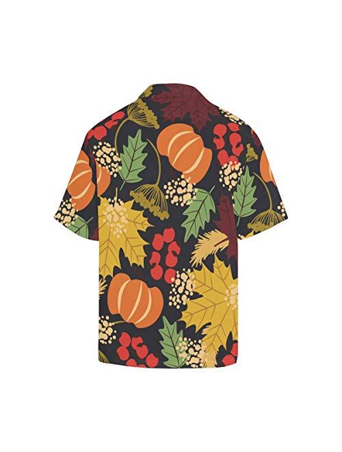 InterestPrint Men's Casual Button Down Short Sleeve Thanksgivng Pumpkin Leaf Hawaiian Shirt (S-5XL)
