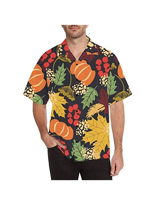 InterestPrint Men's Casual Button Down Short Sleeve Thanksgivng Pumpkin Leaf Hawaiian Shirt (S-5XL)