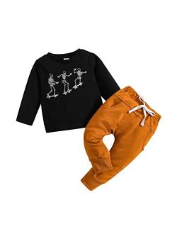 Generic Toddler Kids Baby Boy Clothes Outfits 2pcs Halloween Letter Print Crewneck Long Sleeve Boy's Suit (Coffee, 2-3 Years)