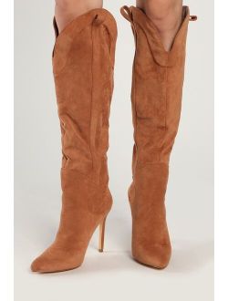 Sayyna Tan Suede Pointed-Toe Knee-High Boots