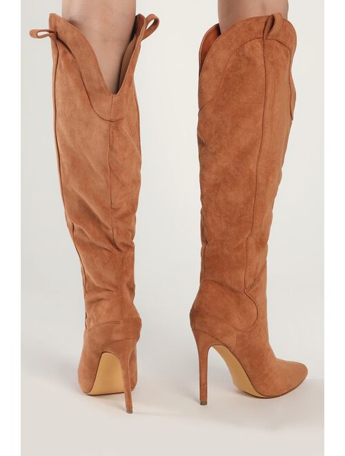 Lulus Sayyna Tan Suede Pointed-Toe Knee-High Boots