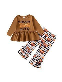 Noubeau Toddler Baby Girl Thanksgiving Outfits Happy Thanksgiving Print Ruffle Tunic Drees Shirt Stripe Pants Fall Winter Clothes
