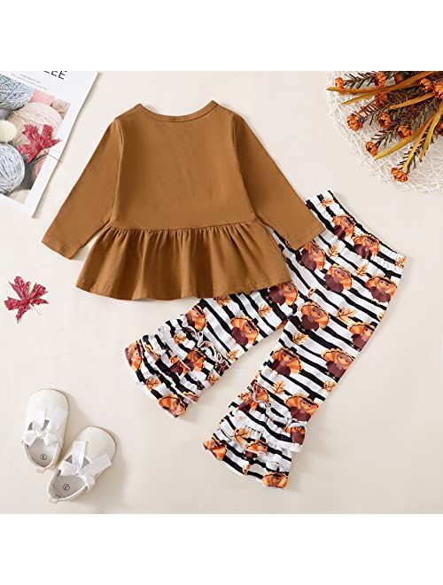 Noubeau Toddler Baby Girl Thanksgiving Outfits Happy Thanksgiving Print Ruffle Tunic Drees Shirt Stripe Pants Fall Winter Clothes