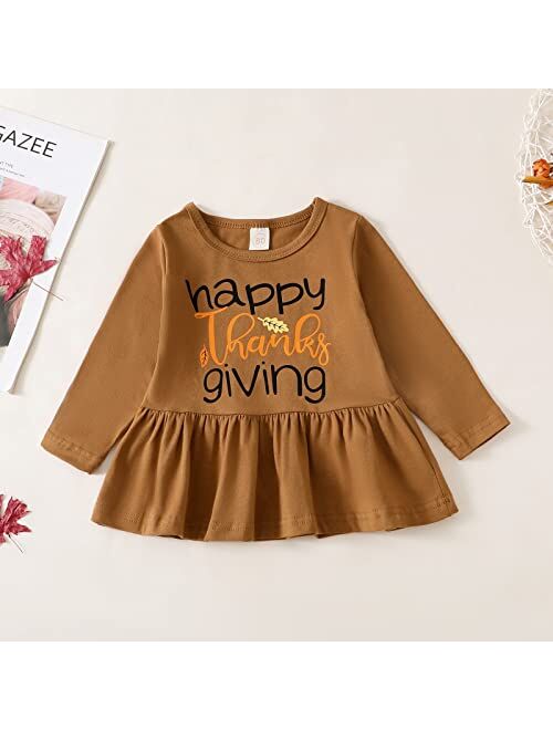 Noubeau Toddler Baby Girl Thanksgiving Outfits Happy Thanksgiving Print Ruffle Tunic Drees Shirt Stripe Pants Fall Winter Clothes