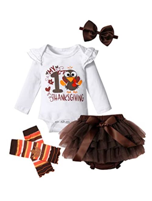 Donwen Newborn Baby Girl Clothes My 1st Thanksgiving Romper + Shorts + Legging + Headband 4Pcs Outfits Set