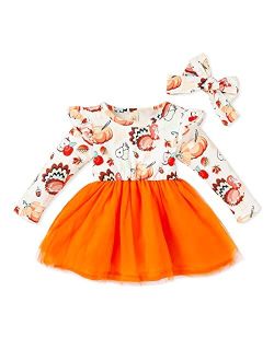 GRNSHTS Baby Girls Thanksgiving Outfits Long Sleeve Turkey Tutu Skirts Ruffle Dress Toddler Girl Clothes