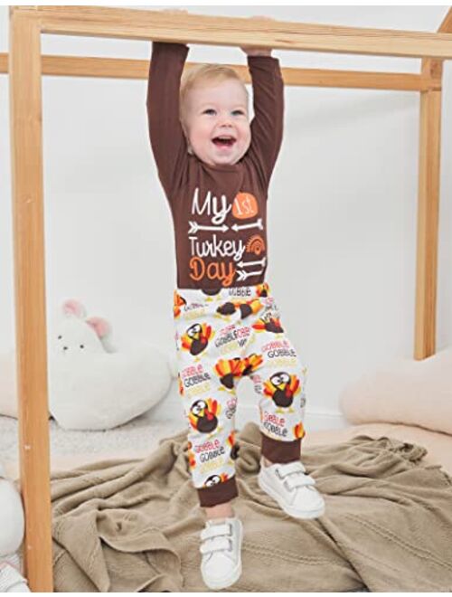 Hipea My 1st Thanksgiving Newborn Baby Girl Boy Romper Bodysuit Turkey Cartoon Pattern Pants Hat 3Pcs Outfits Set