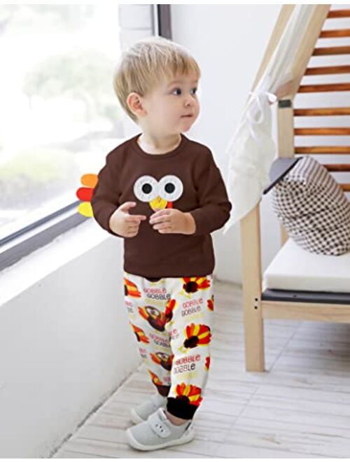 Ribabz My First Thanksgiving Baby Boy Outfit, Thanksgiving Outfit Baby Boy Turkey Print Outfit Long Sleeve Top + Pants Set
