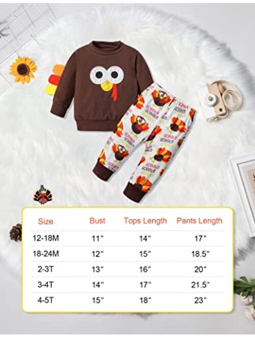 Ribabz My First Thanksgiving Baby Boy Outfit, Thanksgiving Outfit Baby Boy Turkey Print Outfit Long Sleeve Top + Pants Set