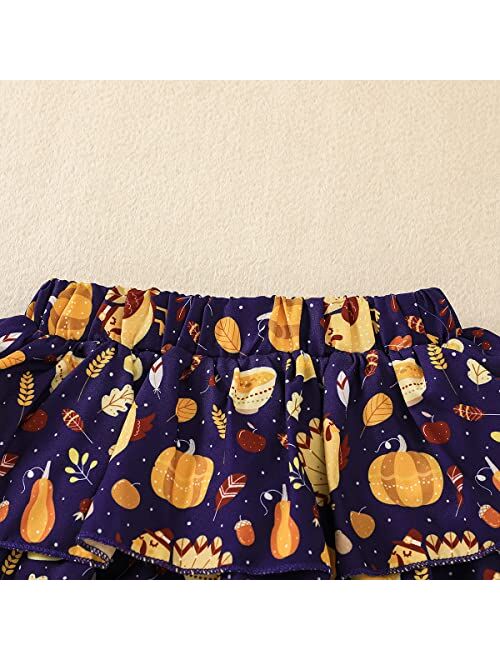 Noubeau Toddler Baby Girls Thanksgiving Outfits Pumpkins Harvest Ruffle Long Sleeve Shirt Grid Turkey Skirt Set Fall Winter Clothes