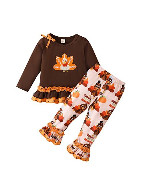 Grnshts Baby Girl Thanksgiving Clothes Set Long Sleeve Ruffle Turkey Top Bell-Bottomed Pants Toddler Girls Thanksgiving Outfits