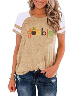 Maximgr Gobble Funny Thanksgiving T-Shirt Women Letter Print Turkey Graphic Casual Tee Tops