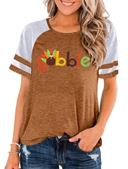 Maximgr Gobble Funny Thanksgiving T-Shirt Women Letter Print Turkey Graphic Casual Tee Tops