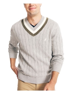 Men's Cable-Knit V-neck Varsity Cricket Sweater