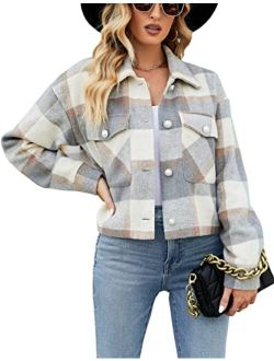 Lumister Womens Cropped Flannel Wool Blend Plaid Shacket Long Sleeve Button Down Shirt Shackets Jacket