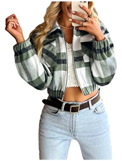 Lumister Womens Cropped Flannel Wool Blend Plaid Shacket Long Sleeve Button Down Shirt Shackets Jacket