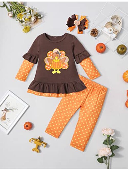 Queenstyle Thanksgiving Baby Girl Outfit Long Sleeve Tops + Polka Dot Pants + Turkey Hair Clips 3PC Clothes Set