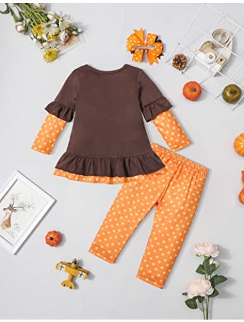 Queenstyle Thanksgiving Baby Girl Outfit Long Sleeve Tops + Polka Dot Pants + Turkey Hair Clips 3PC Clothes Set
