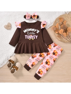 Hiha Infant Baby Toddler Girls Thanksgiving Outfit Ruffle Long Sleeve Tops Dress Turkey Pant Headband 2PCS Fall Clothes Set