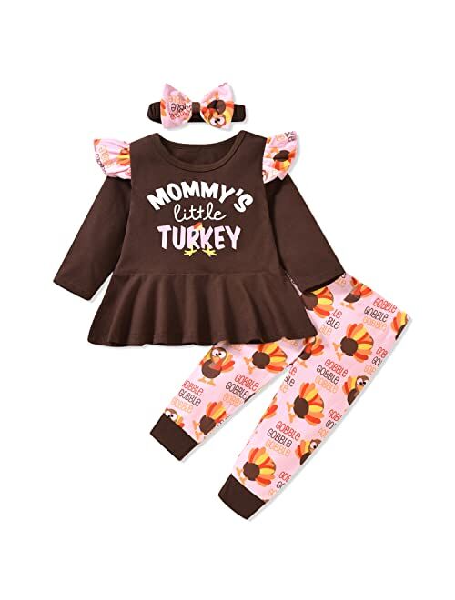 Hiha Infant Baby Toddler Girls Thanksgiving Outfit Ruffle Long Sleeve Tops Dress Turkey Pant Headband 2PCS Fall Clothes Set