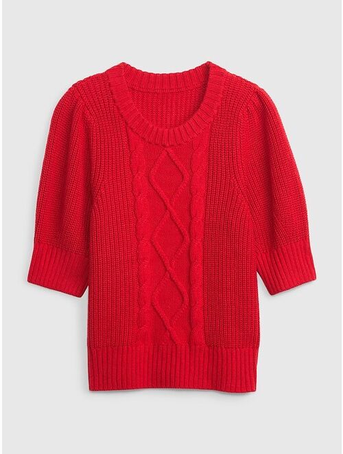 Gap Puff Sleeve Cable-Knit Crewneck Sweater
