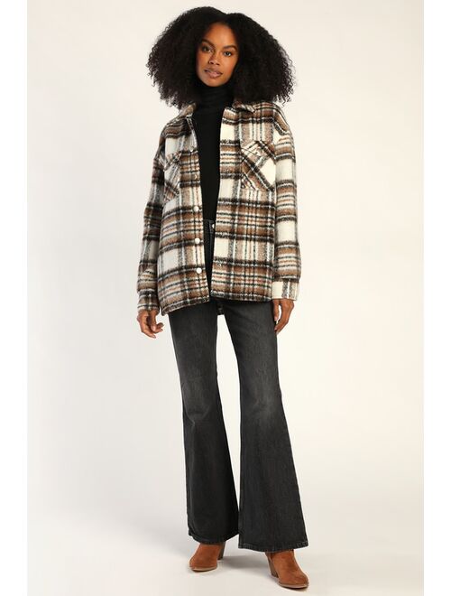 Lulus Winter Woods White and Brown Plaid Shacket