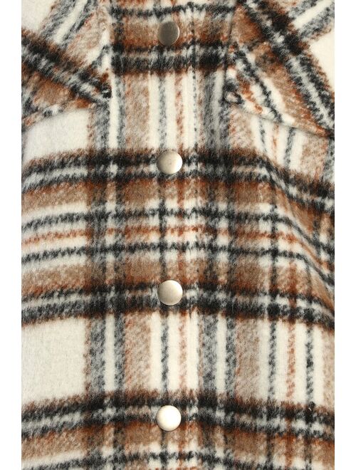 Lulus Winter Woods White and Brown Plaid Shacket