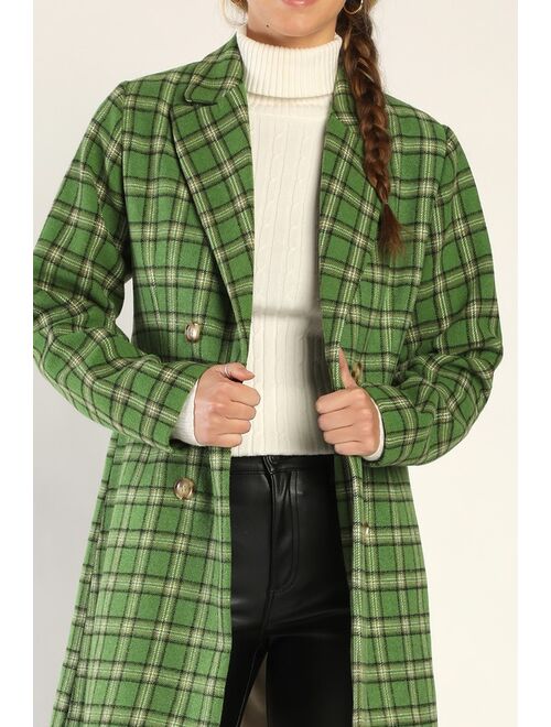 Lulus Autumn Calling Green Plaid Double Breasted Peacoat