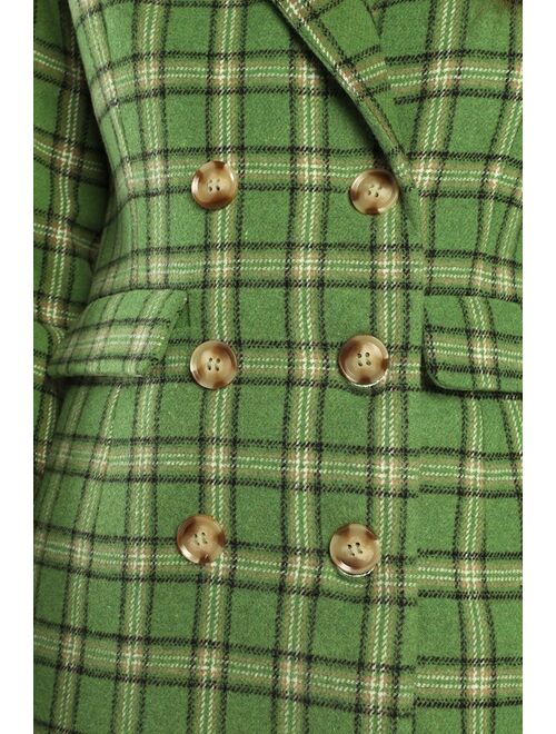 Lulus Autumn Calling Green Plaid Double Breasted Peacoat