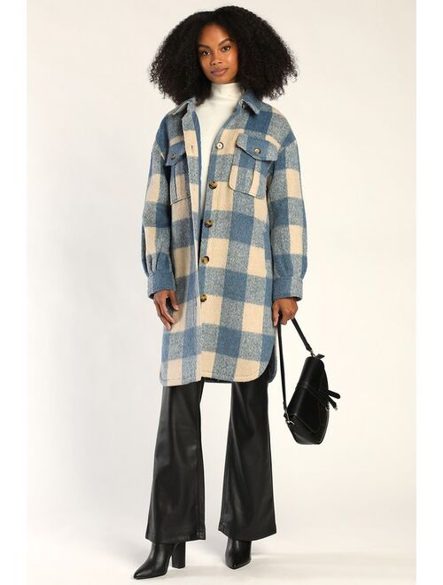 Lulus Snow Day Darling Blue and Cream Plaid Coat
