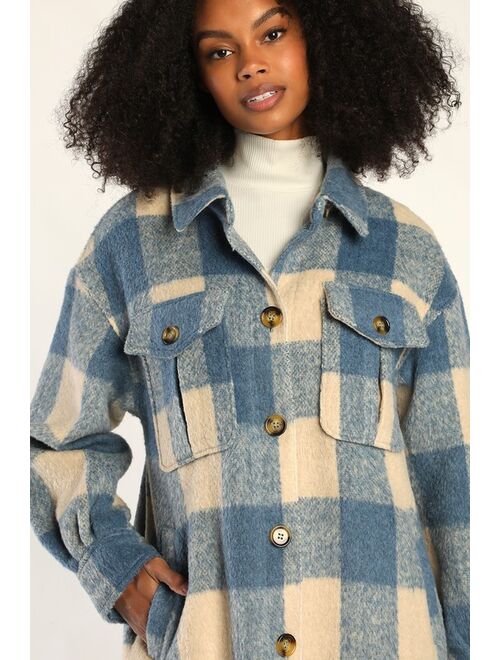 Lulus Snow Day Darling Blue and Cream Plaid Coat