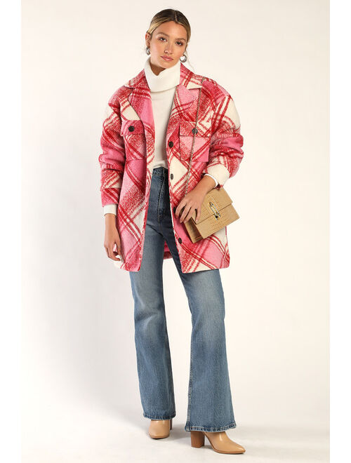 Lulus Cute Overload Pink and Red Plaid Coat