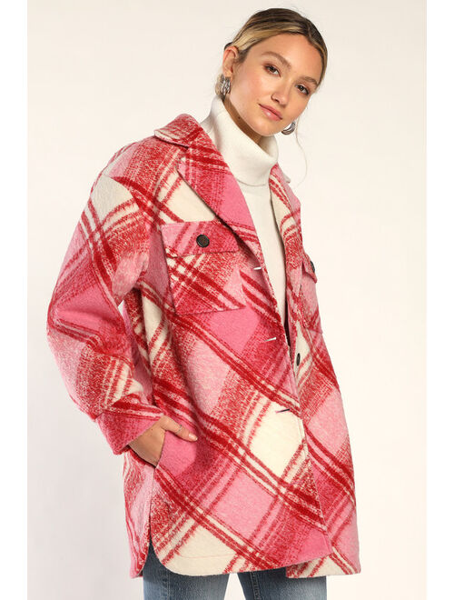 Lulus Cute Overload Pink and Red Plaid Coat