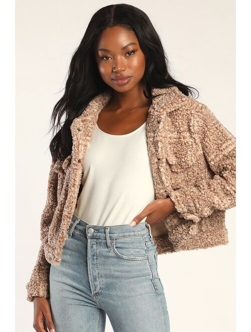 Lulus Truly Toasty Brown and Ivory Cropped Teddy Shacket