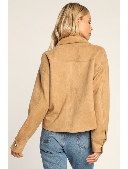 Lulus Almost Autumn Tan Suede Collared Cropped Shacket