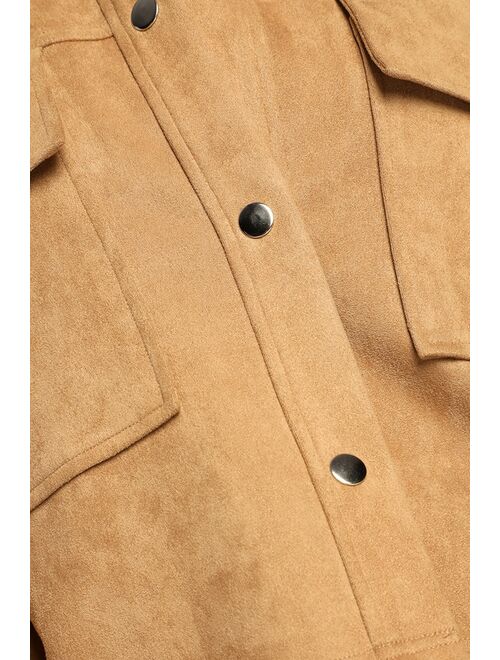 Lulus Almost Autumn Tan Suede Collared Cropped Shacket