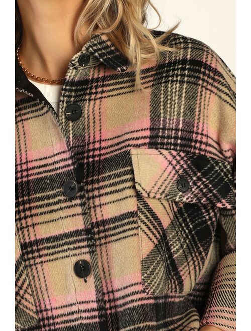 Lulus Layer Up Beige and Pink Plaid Cropped Shacket