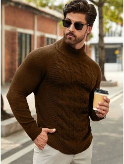 Men Turtleneck Cable Knit Raglan Sleeve Sweater
