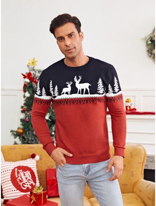 Shein Men Christmas Elk Tree Pattern Color Block Sweater