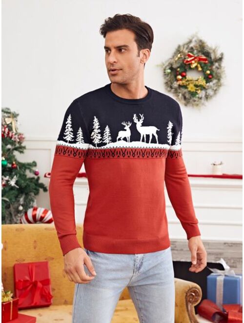 Shein Men Christmas Elk Tree Pattern Color Block Sweater