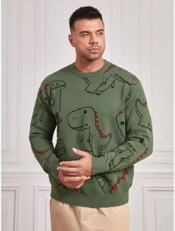 Extended Sizes Men Dinosaur Pattern Sweater