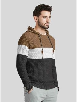 Men Colorblock Patched Detail Drawstring Hooded Sweater