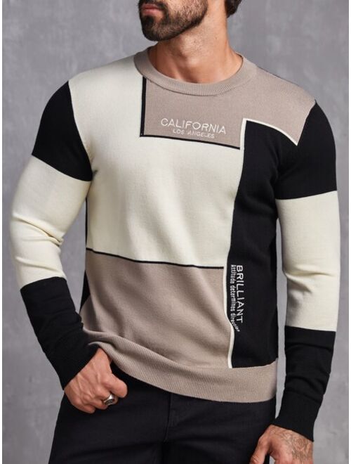 SHEIN Men Letter Pattern Colorblock Sweater