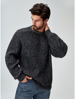 Men Round Neck Marled Knit Sweater