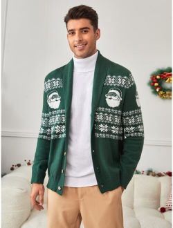 Men Christmas Santa Geo Pattern Shawl Collar Cardigan